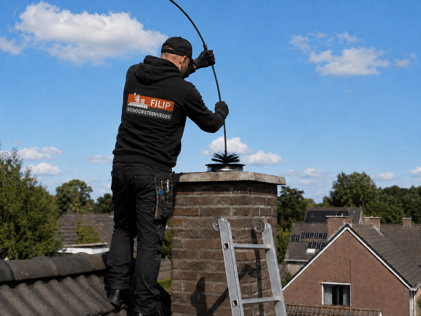 Schoorsteenveger werkt veilig vanaf het dak